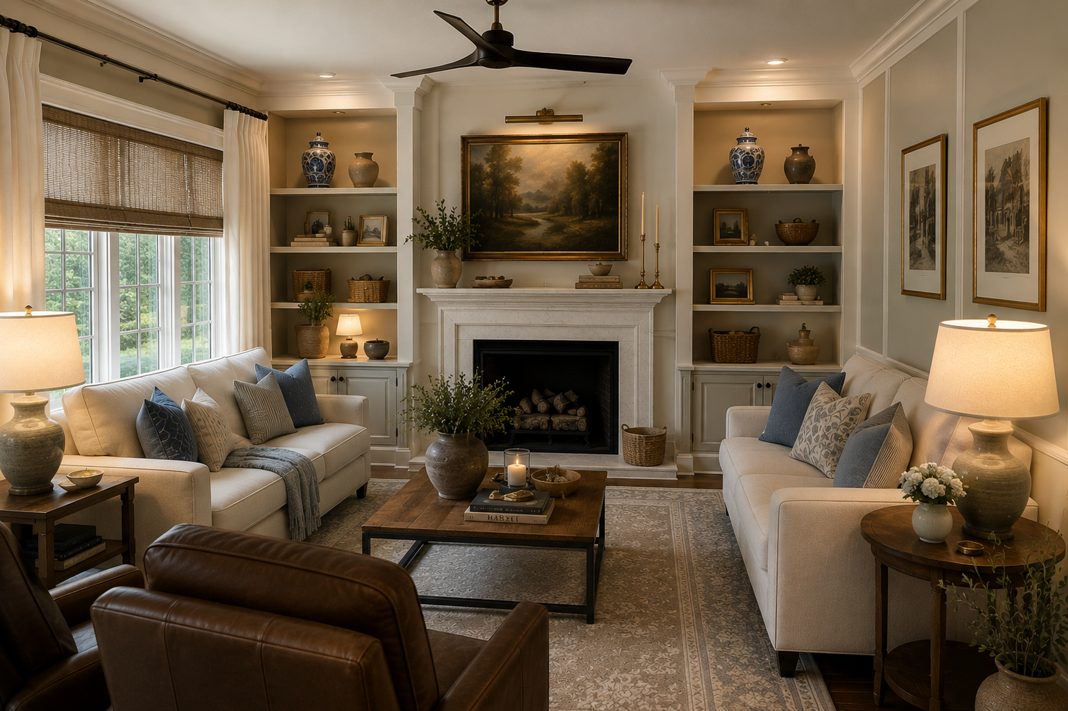 A cozy living room with two white sofas decorated with blue and gray pillows, a wooden coffee table with candles and plants, a fireplace with a landscape painting above it, built-in bookshelves with decorative items, two side tables with lamps, large windows with white curtains, and floral artwork on the walls.