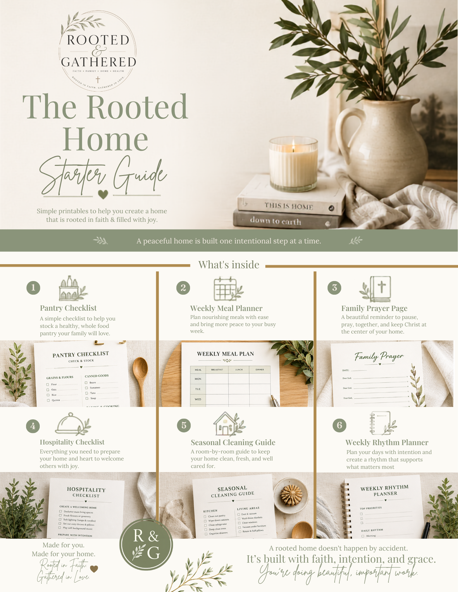 Rooted Home Starter Guide with six free printables for pantry organization, meal planning, family prayer, hospitality, seasonal cleaning, and weekly rhythms.