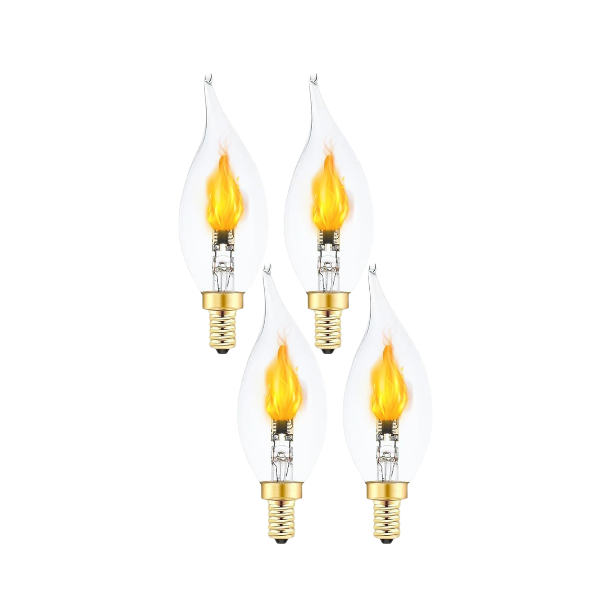 Four flame-shaped light bulbs with visible filaments, designed to resemble flames, attached to white bases with screw fittings.