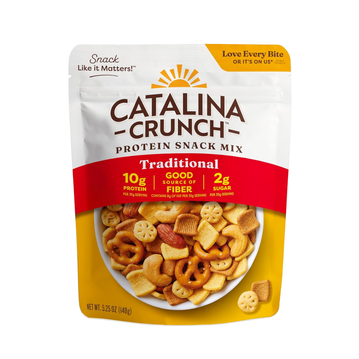 Bag of Catalina Crunch protein snack mix with a bowl of various crackers on the front, label highlighting 10g protein, 2g sugar, and good source of fiber, made in yellow, red, and white packaging.