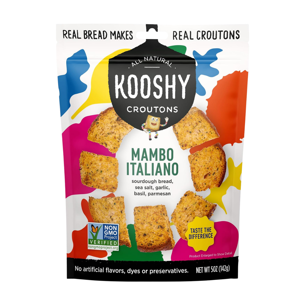 Packaging of Kooshy Croutons Mambo Italiano flavor, featuring images of seasoned sourdough bread cubes, with colorful abstract background and notes about ingredients and health verification.