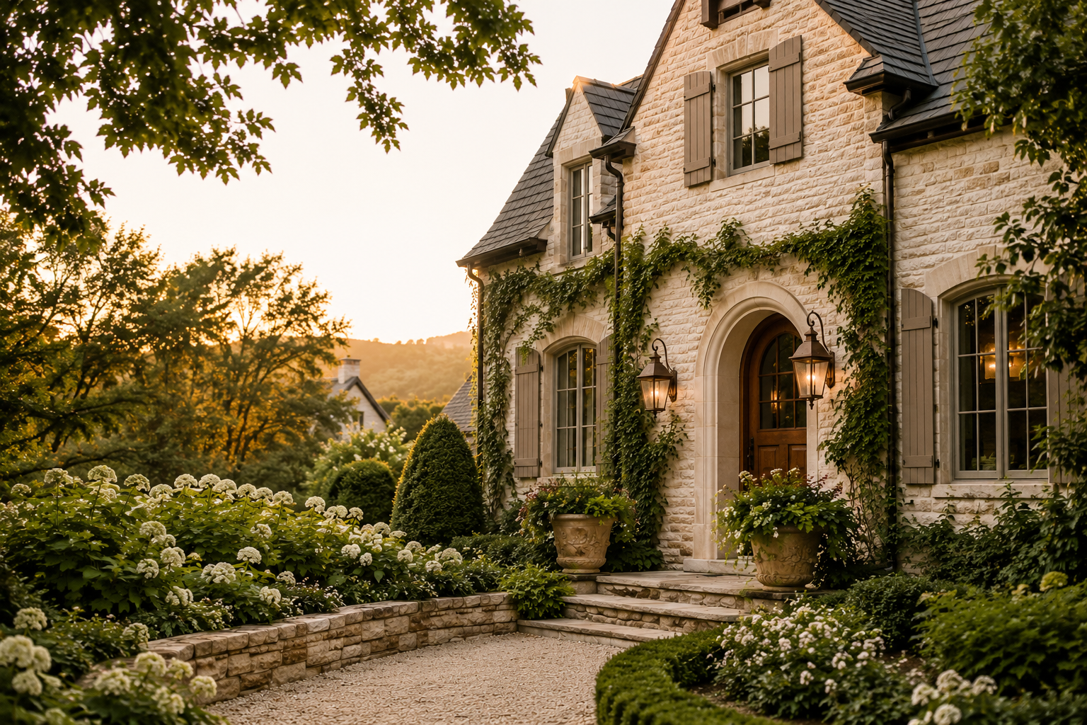 European home style, stone, texture, warmth, limelight hydrangeas, copper, warm tones