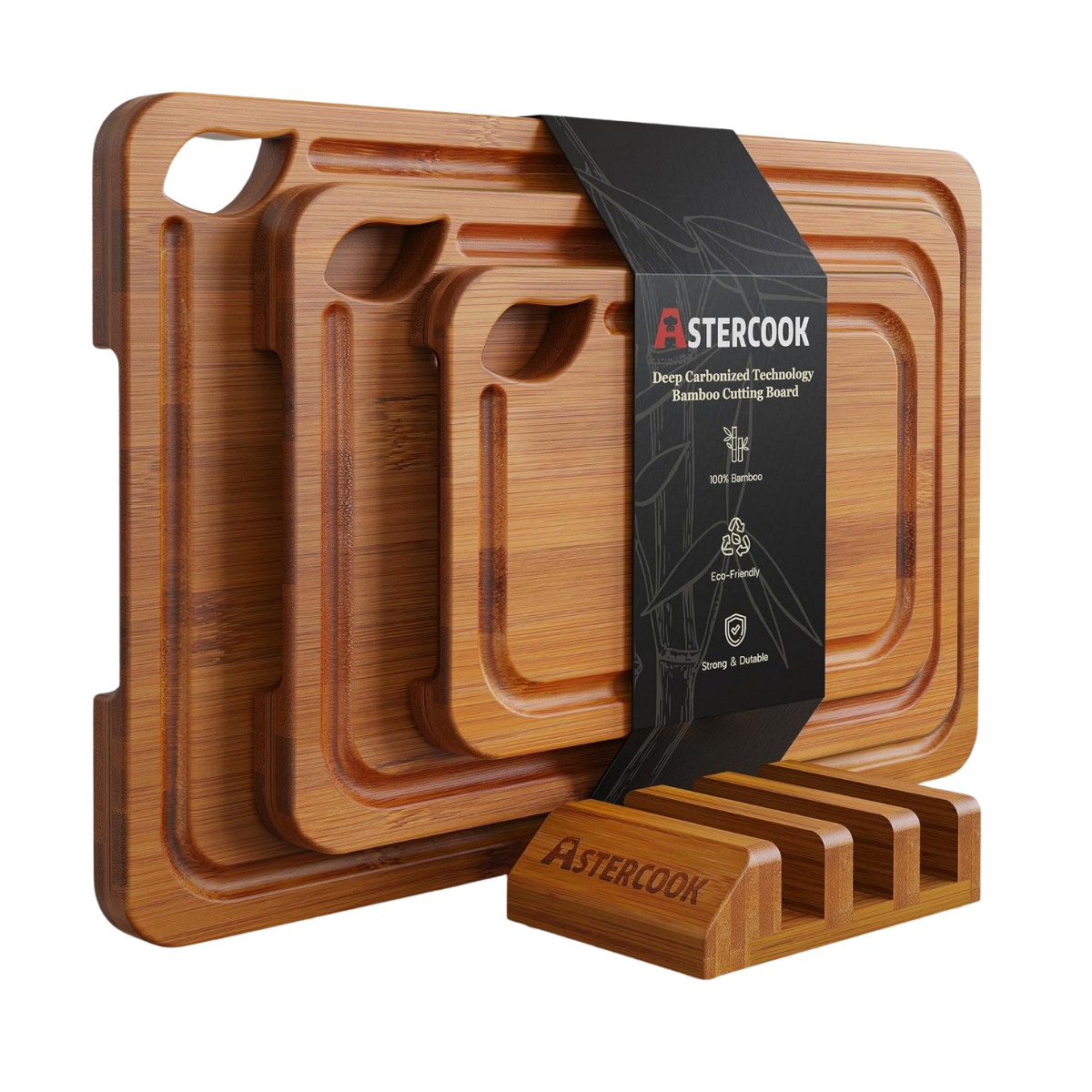 Set of three rectangular bamboo cutting boards of different sizes with handle cutouts, displayed with a black label indicating deep carbonized bamboo technology, eco-friendliness, and durability, branded as Astercook.