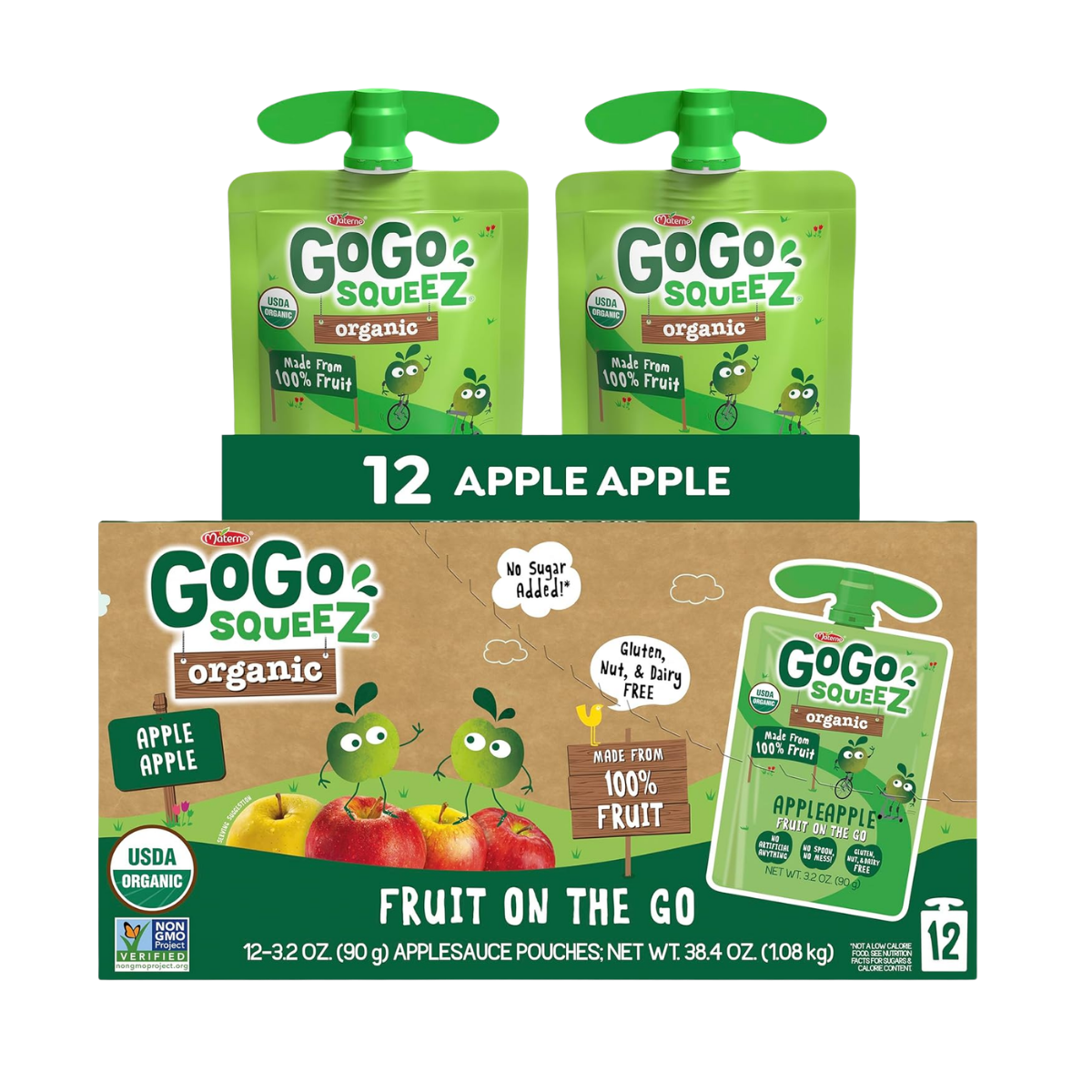 Packaging of GOGO SQUEEZ organic apple apple fruit on the go pouches with green and brown design, featuring cartoon apples and information about ingredients and benefits.