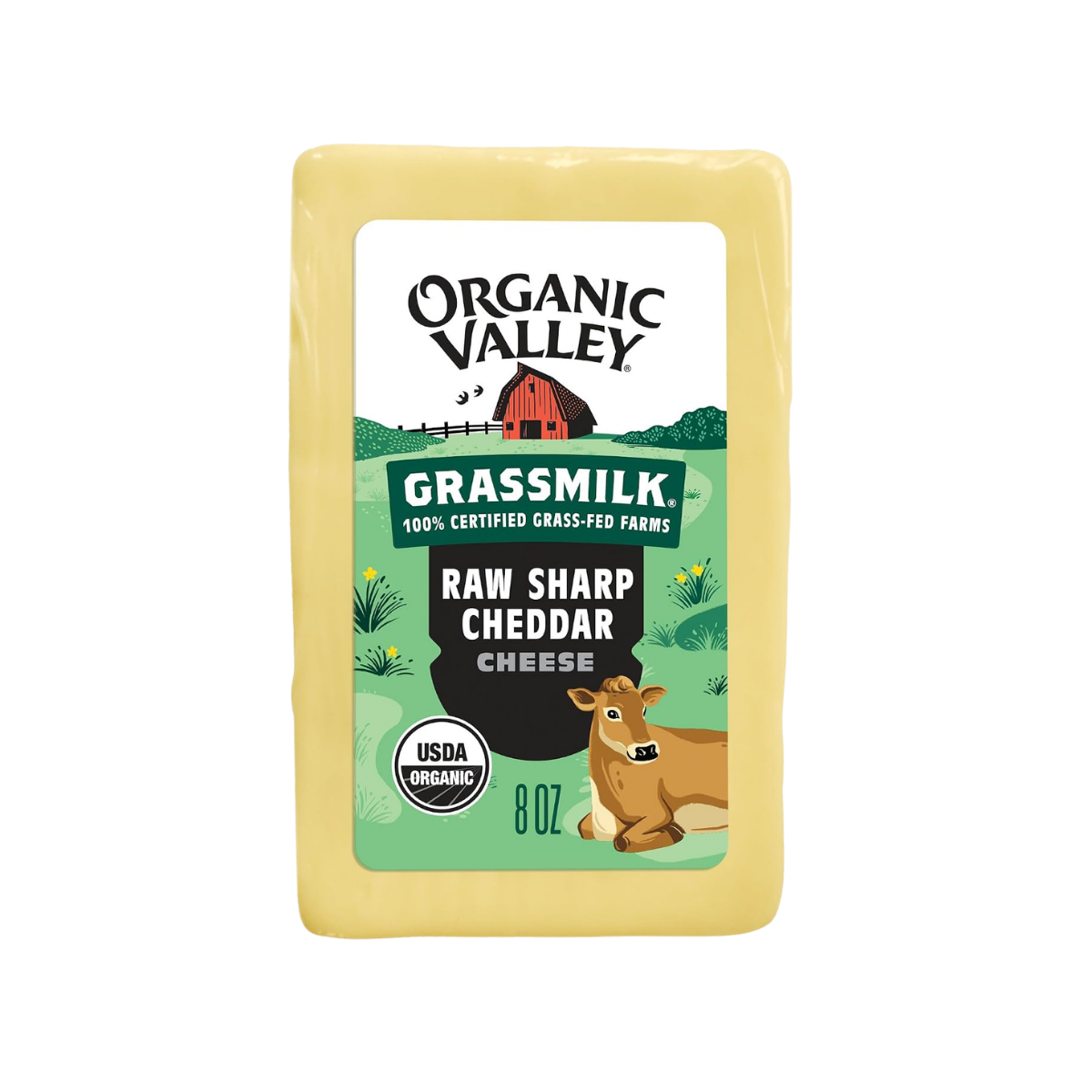 Package of Organic Valley Grassmilk cheese with a cow illustration, green landscape background, and black and white text.
