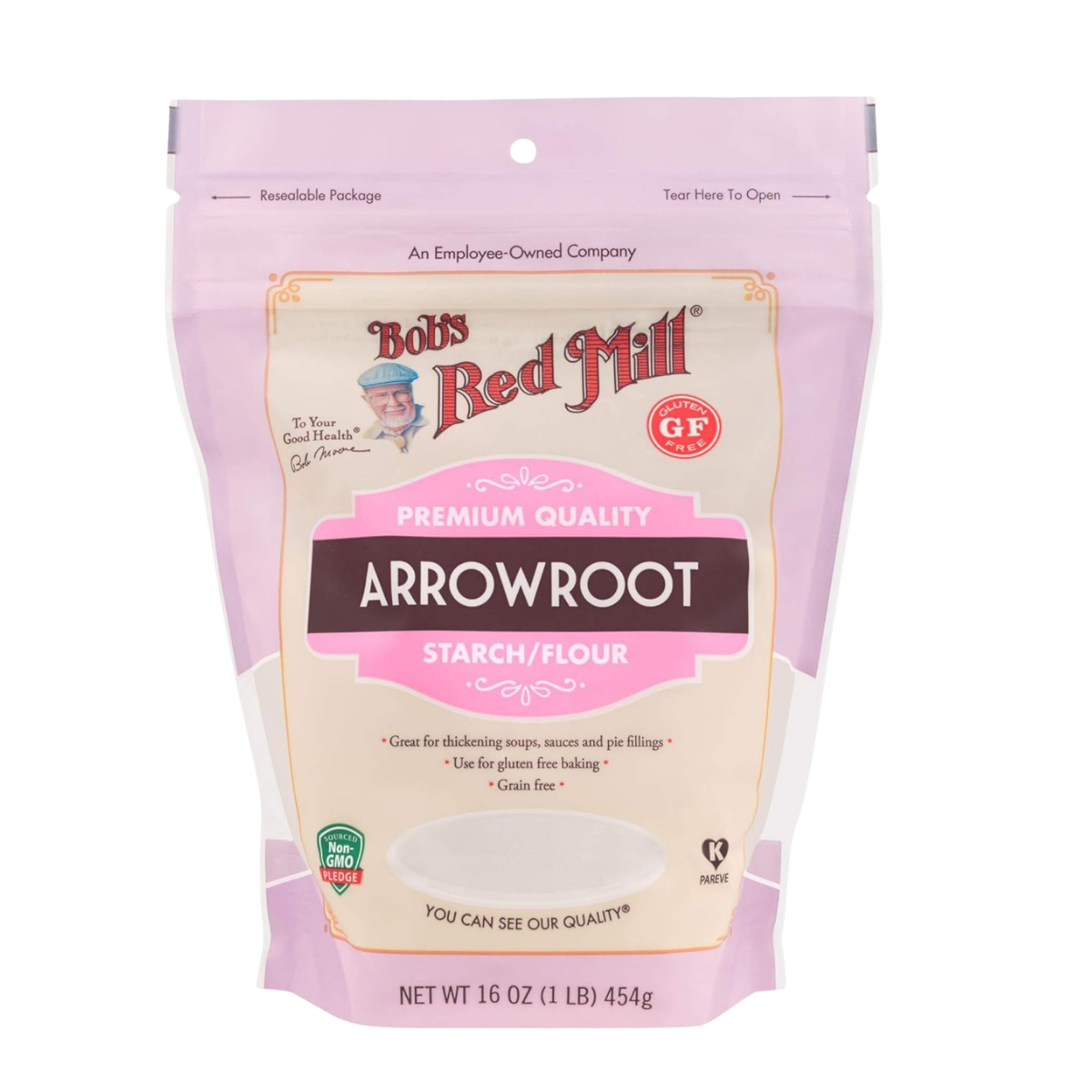 Pink and white packaging of Bob's Red Mill Arrowroot starch/flour, labeled as premium quality, gluten-free, grain-free, good for thickening soups, sauces, pie fillings, and gluten-free baking, with a net weight of 16 ounces.