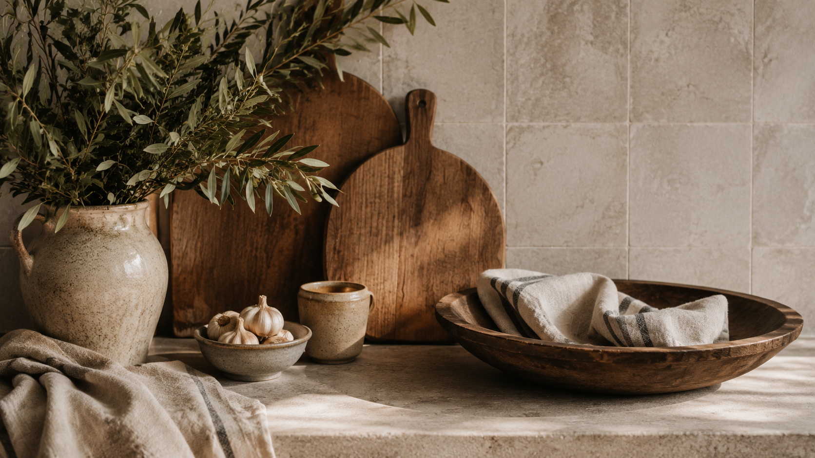 Wholesome recipes, well-stocked pantry, and famiiy life. A rustic kitchen countertop decorated with a large vase of greenery, two wooden cutting boards, a bowl of garlic, a cup, and a wooden bowl with a linen cloth