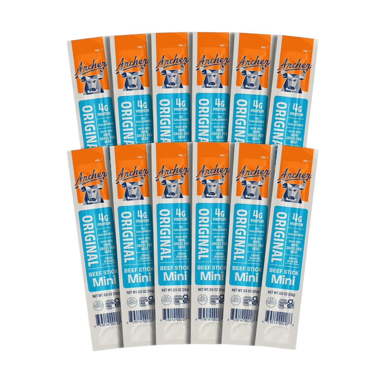 Ten packages of Archer Original Mini Beef Sticks arranged in two rows of five, featuring orange, blue, and white packaging with a cow mascot, emphasizing 4 grams of protein, zero sugar, and made with 100% grass-fed beef.