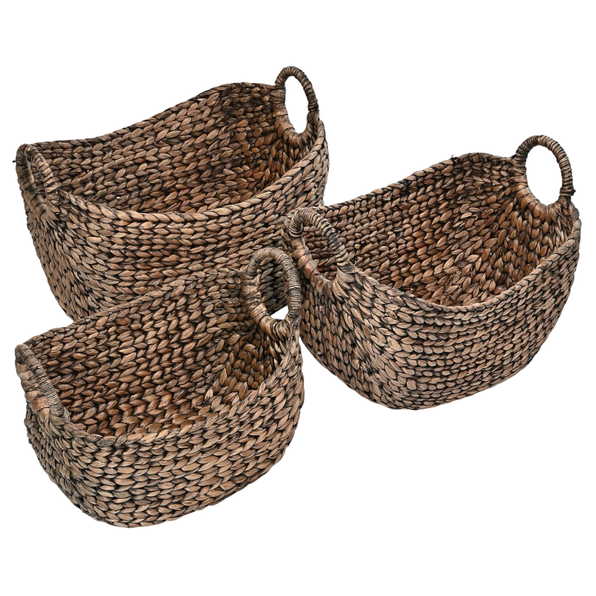 Three woven brown baskets with handles, stacked together.