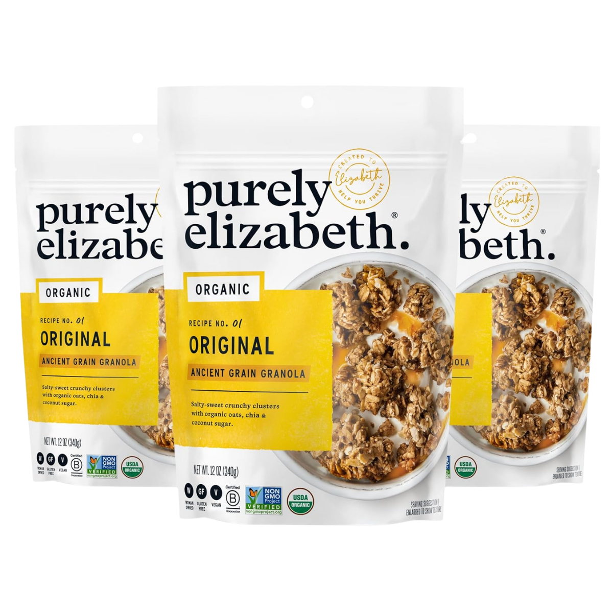 Three bags of Purely Elizabeth organic ancient grain granola, original flavor, with a bowl of granola and yogurt on the front of each bag.