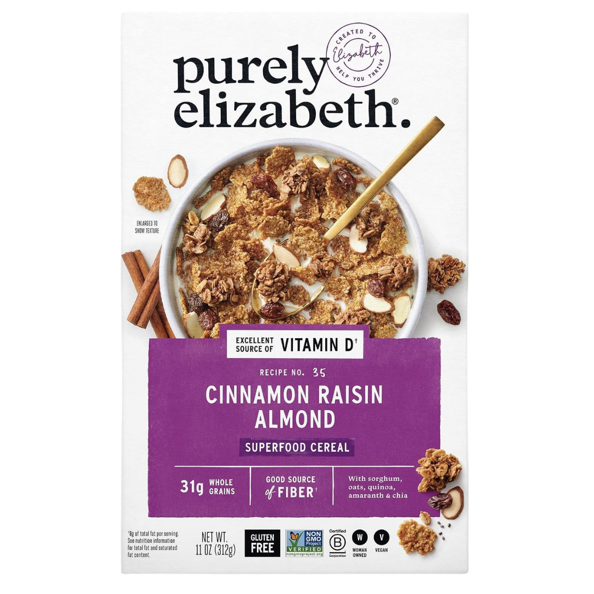 Box of Purely Elizabeth Cinnamon Raisin Almond Superfood Cereal with whole grains, fiber, and ingredients like sorghum, oats, quinoa, amaranth, and chia.