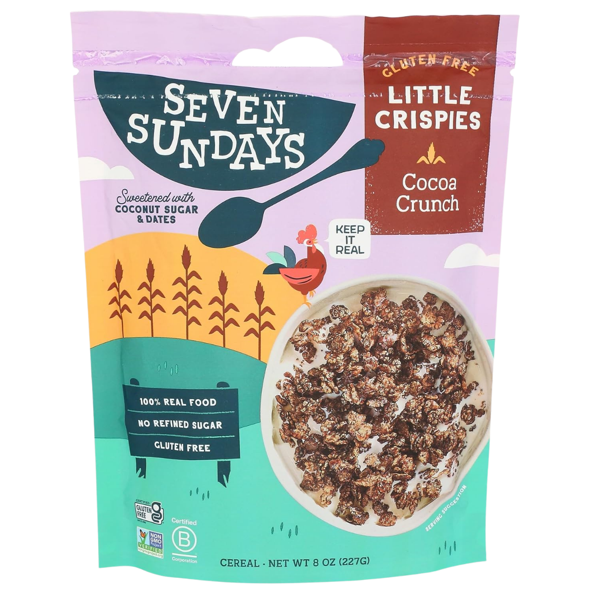 An 8-ounce package of Seven Sundays gluten-free, grain-based cereal called Little Crispies Cocoa Crunch, sweetened with coconut sugar and dates, showing chocolate-colored cereal pieces in a bowl, with farm imagery and a chicken illustration on the packaging.