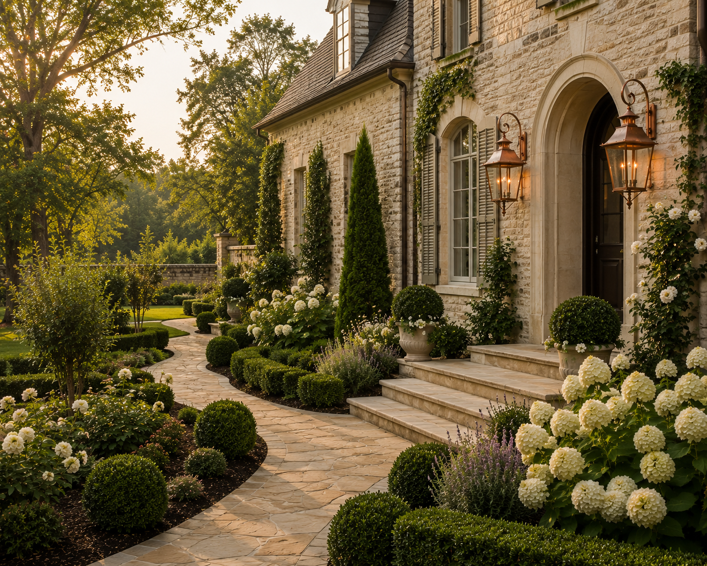 European home landscape hydrangea boxwoods climbing roses