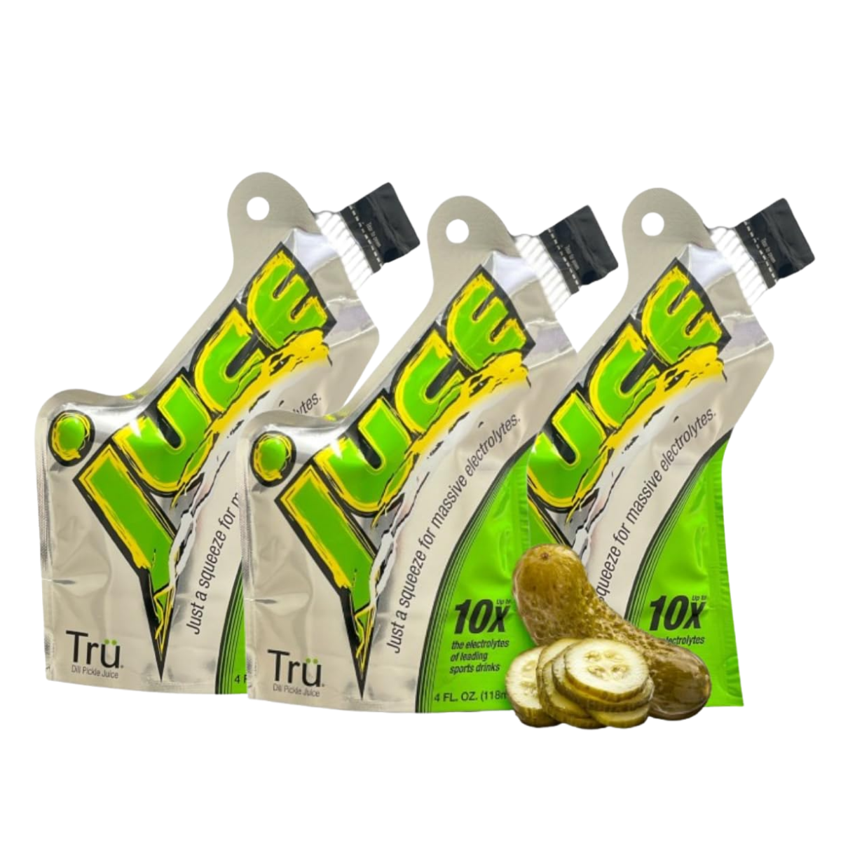 Three pouches of Tru lemon-lime electrolyte juice with slices of banana and a pickled cucumber in front.