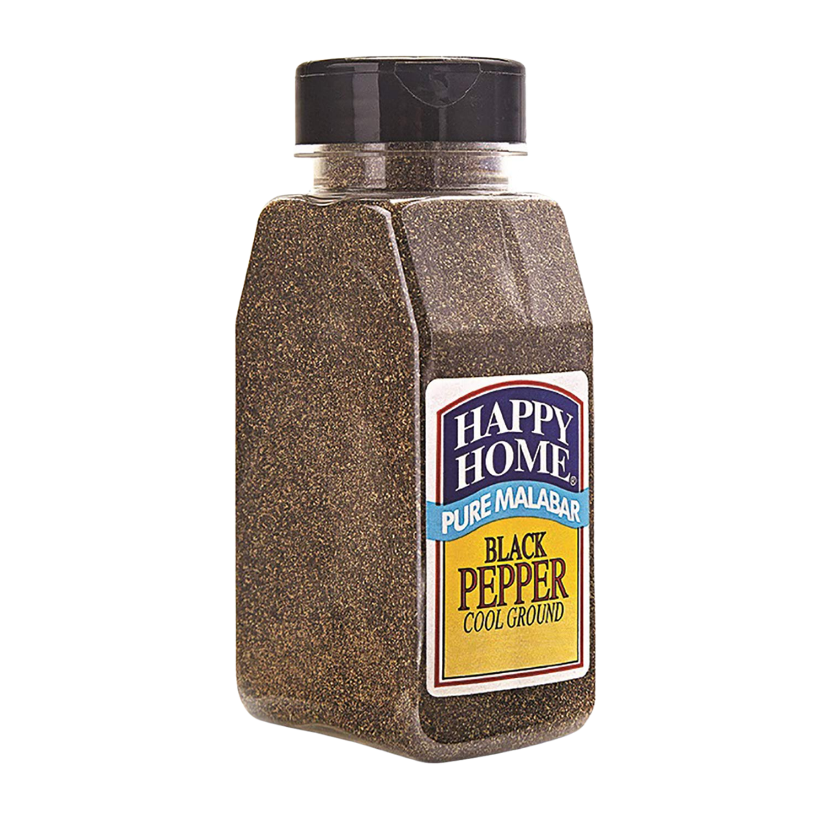 Bottle of Happy Home pure Malabar black pepper with cool ground in a plastic container.