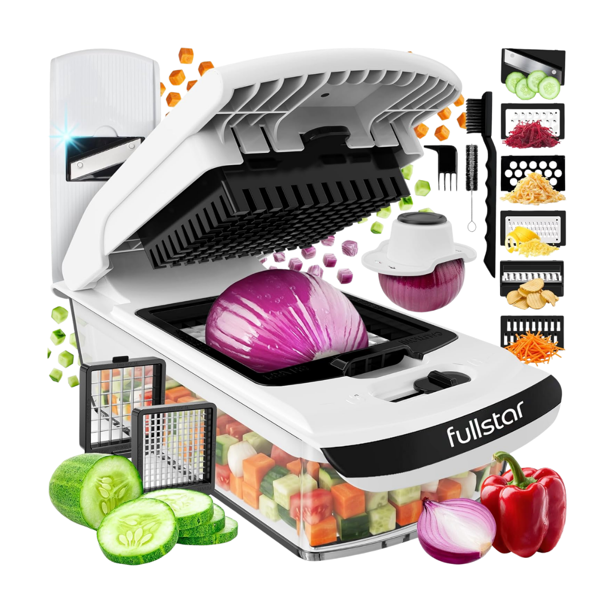 An electric vegetable chopper with a purple onion inside. The chopper has a white and black design, with various vegetables and ingredients surrounding it, including cucumbers, bell peppers, carrots, onions, and shredded cheese, showcasing its use for food preparation.