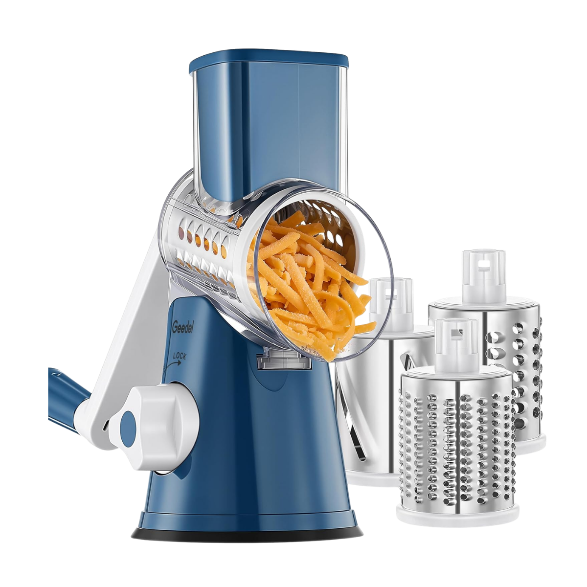 Electric food processor with multiple disc attachments and shredded cheese inside the bowl.