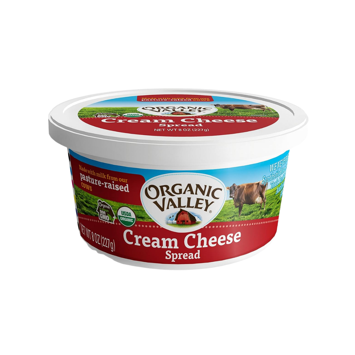 A container of Organic Valley Cream Cheese Spread with a red and white label, featuring images of a cow and a pastoral landscape, indicating it is made from milk from pasture-raised, organic, non-GMO cows.