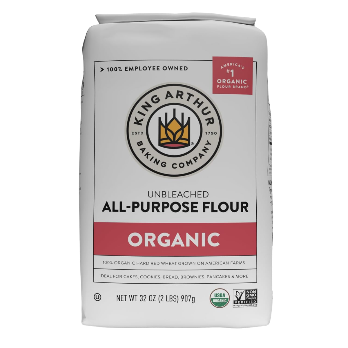 A package of King Arthur Baking Company organic all-purpose unbleached flour.