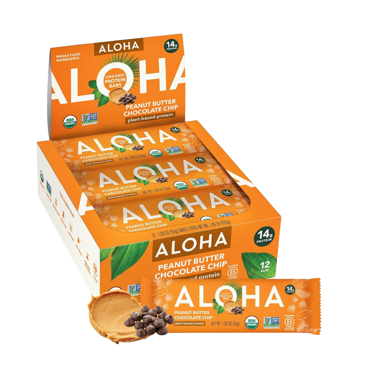 Box of Aloha peanut butter chocolate chip protein bars with one bar and a scoop of peanut butter with chocolate chips in front.