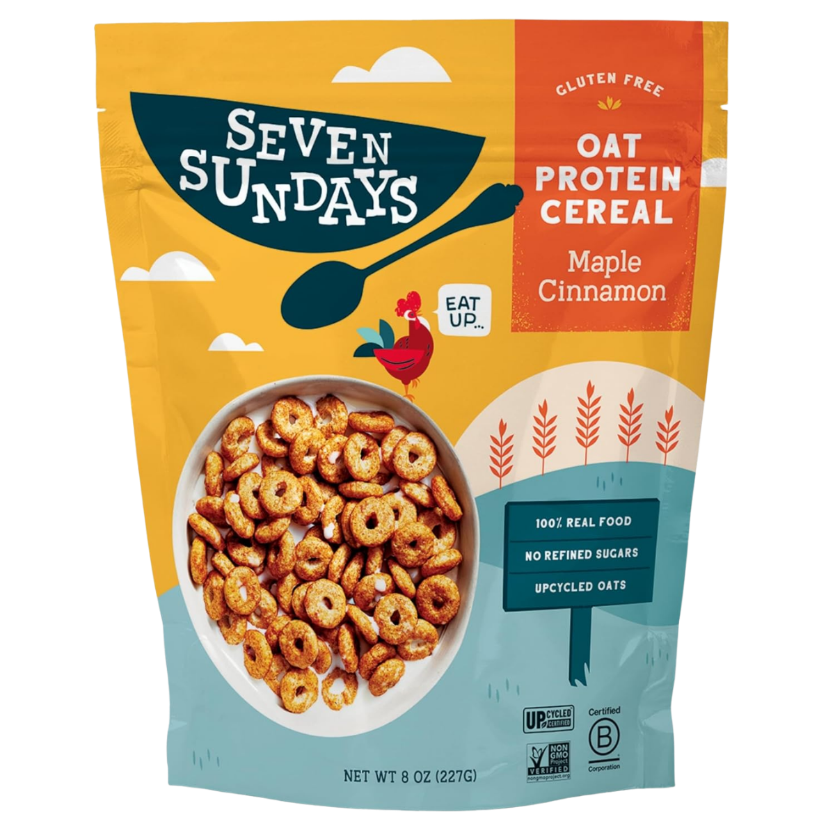 Package of Seven Sundays oat protein cereal in maple cinnamon flavor with a bowl of cereal shown on the front, indicating it is gluten-free, made with real food, no refined sugars, and upcycled oats.