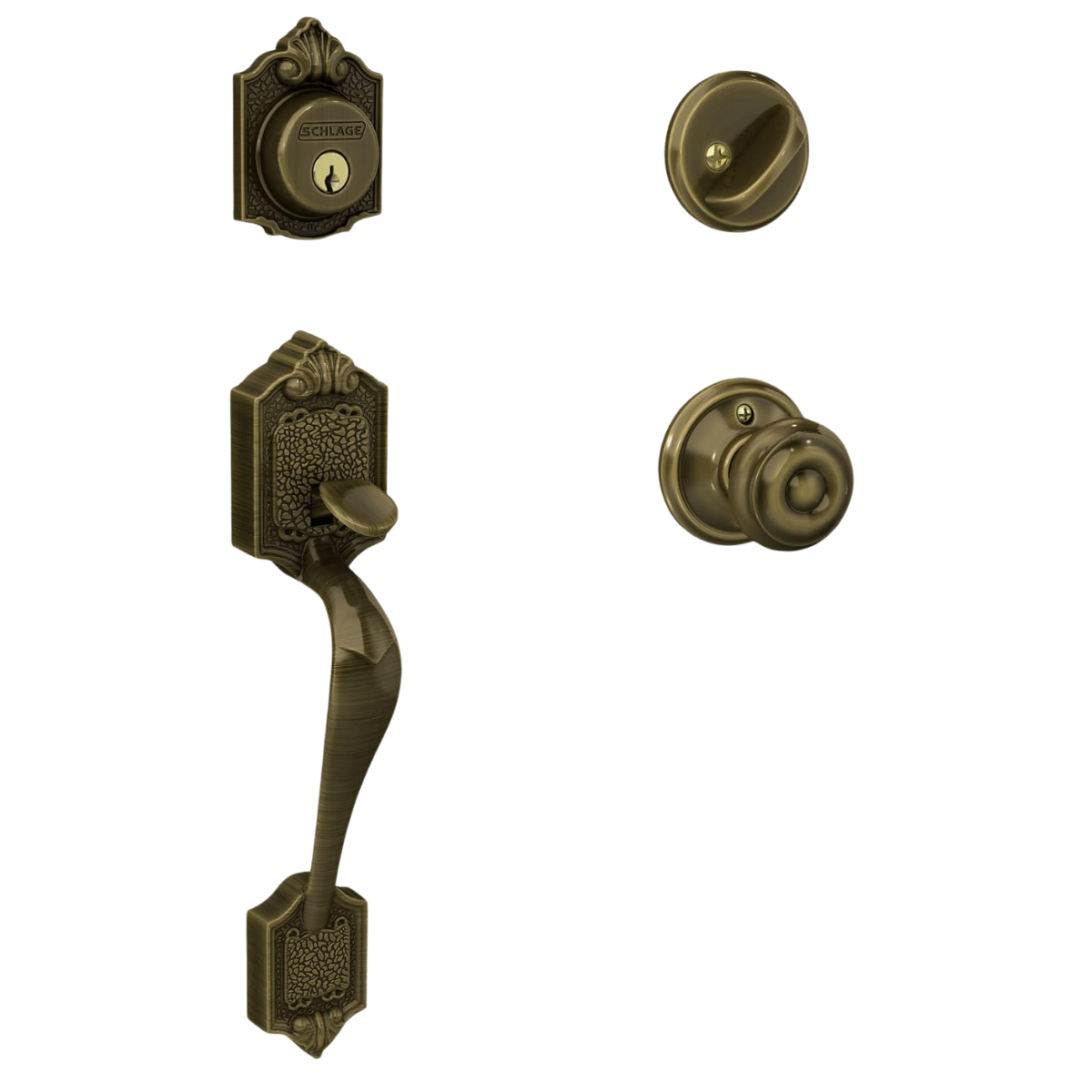 Four antique bronze door hardware pieces: a keyhole cover with a lock, a door handle with a backplate, a doorknob with a backplate, and a knob with a plug.