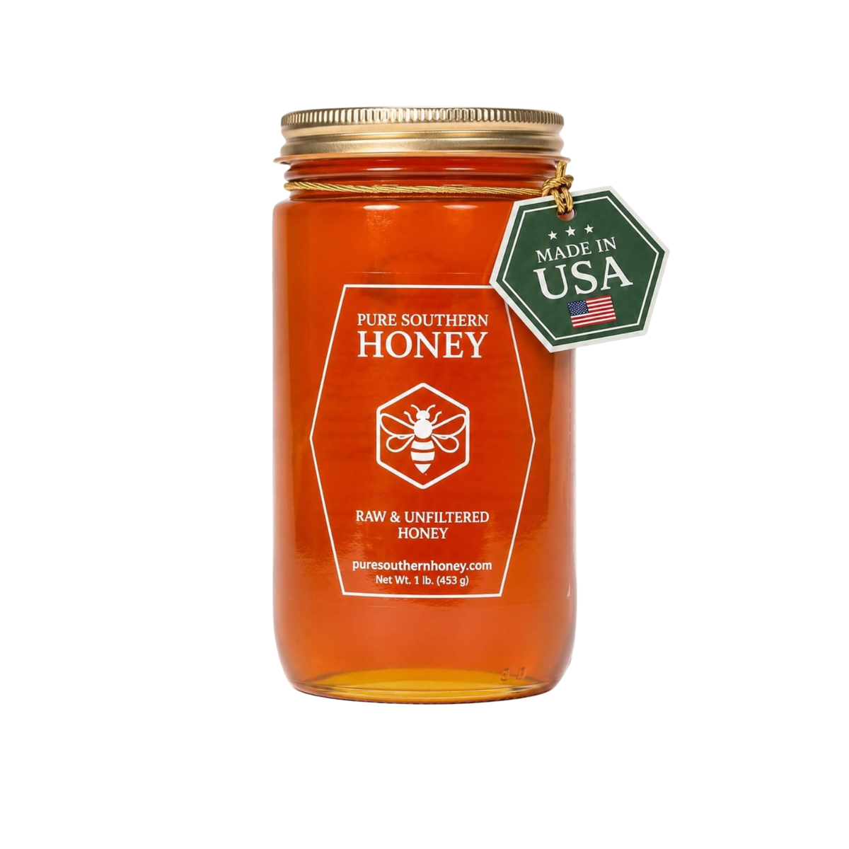 A jar of pure southern honey with a label featuring a bee icon. The jar has a gold lid and a green tag hanging from it that says "Made in USA" with an American flag. The honey is amber-colored.