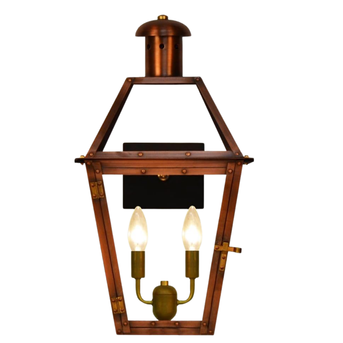 A vintage-style outdoor lantern with a metal frame, two candle-shaped bulbs, and a black rectangular box, all mounted on a wooden structure.