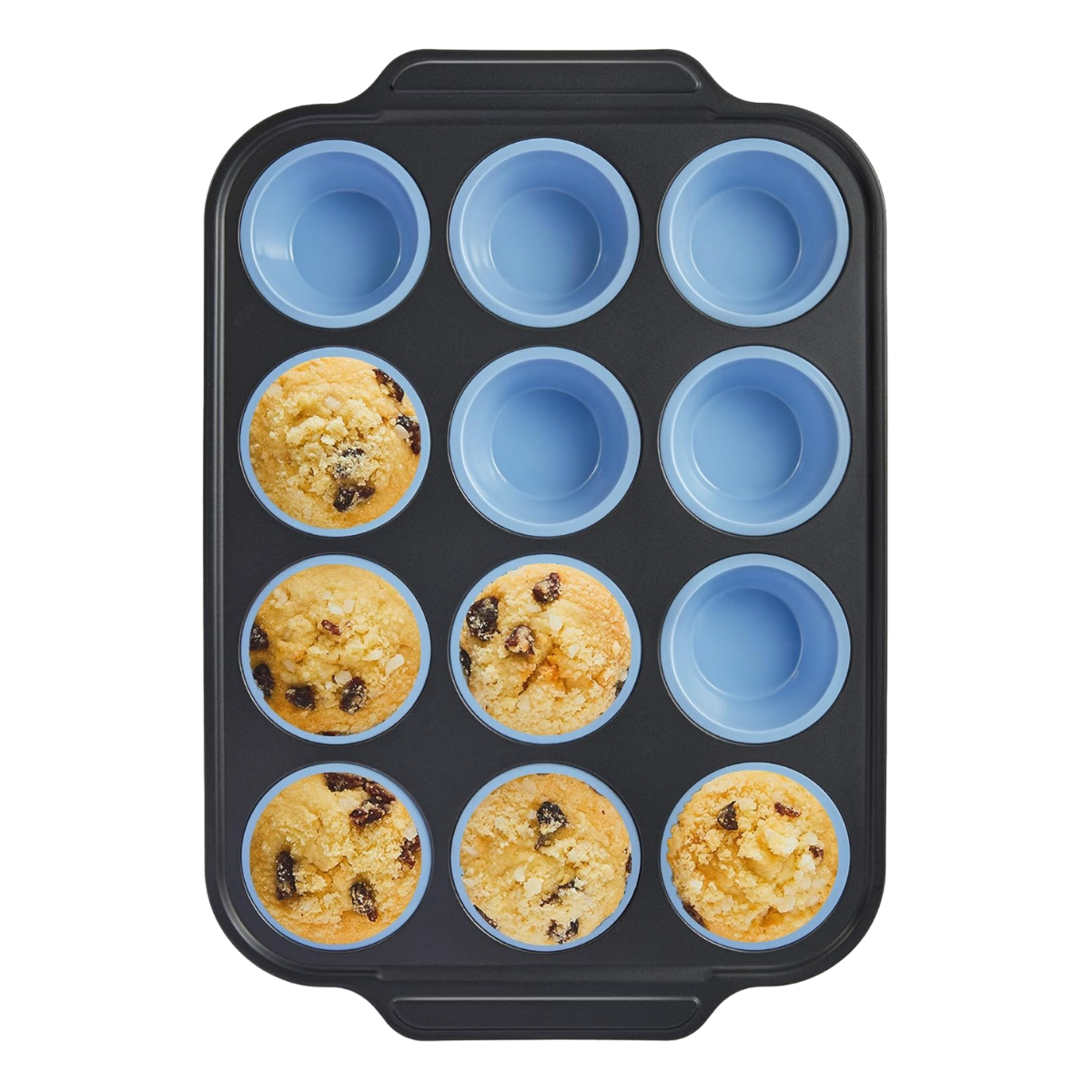 A muffin tin with nine compartments, four of which are filled with chocolate chip muffins.