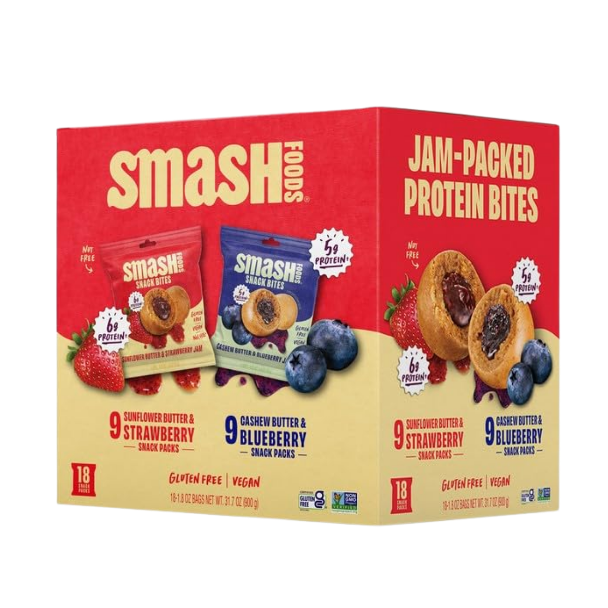 Box of Smash food snack bites featuring sunflower butter and strawberry flavor and cashew butter and blueberry flavor, with images of the snack bites, strawberries, and blueberries on the packaging.