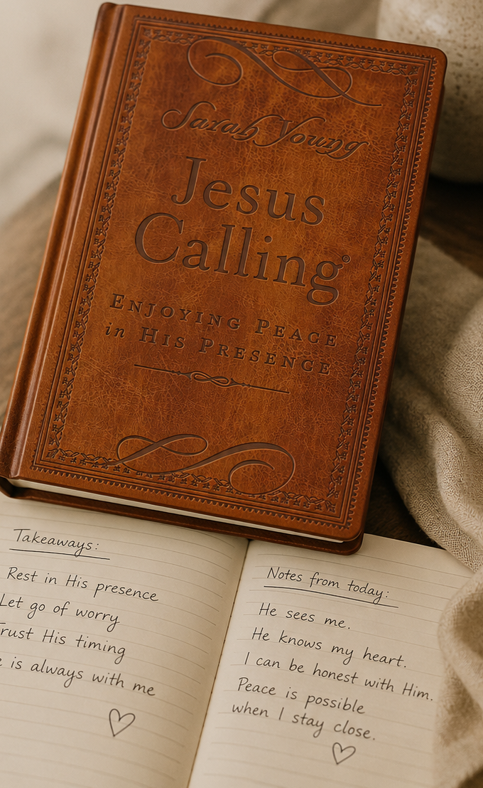 A brown leather-bound book titled "Jesus Calling" by Sarah Young, resting on an open journal with handwritten notes about prayer and peace. The journal notes include phrases like "Rest in His presence" and "He sees me".