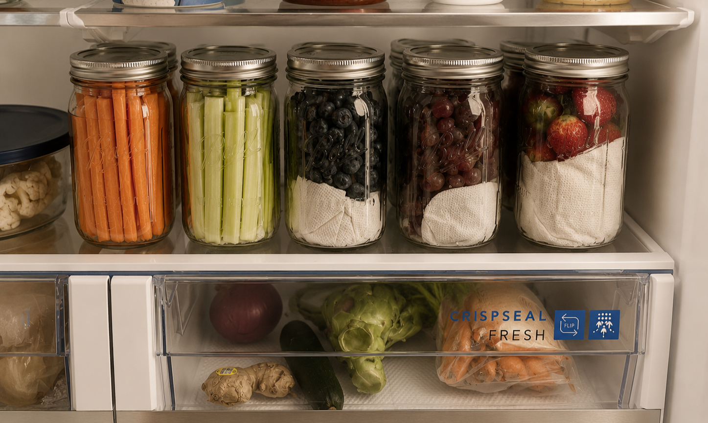 Mason jars in fridge for organization and freshness of fruit and vegetables.