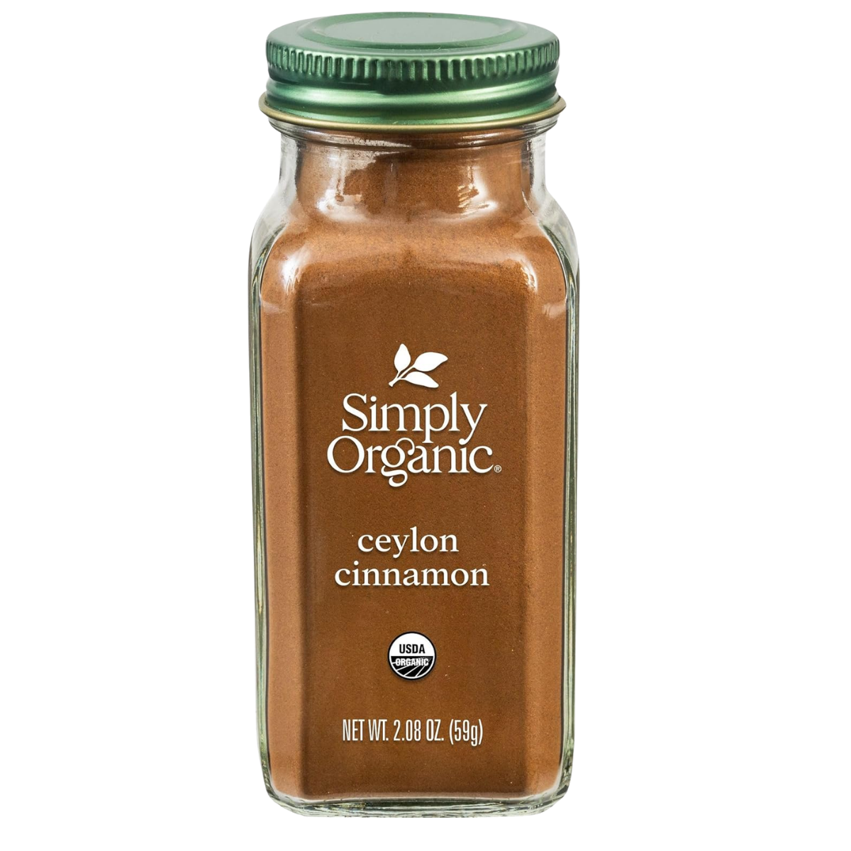 A jar of Simply Organic Ceylon cinnamon with a green metal lid and a dark brown spice inside.