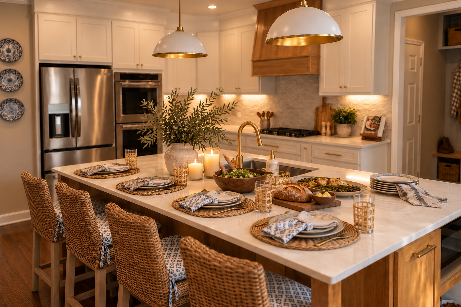 Kitchen island set for a shared meal with place settings, candles, bread, and serving dishes.