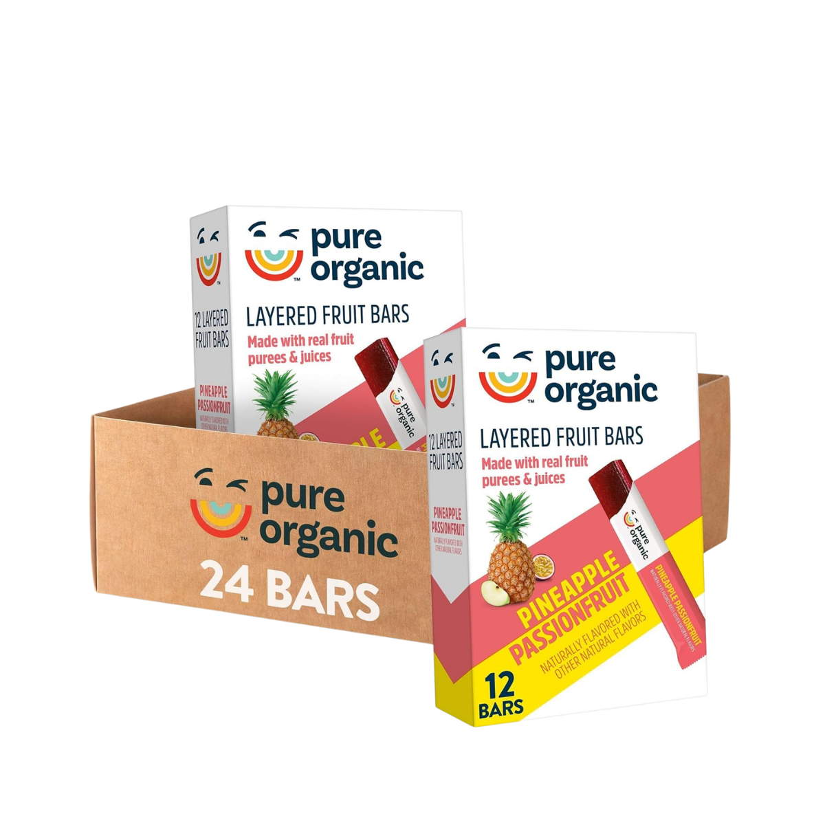 Two boxes of Pure Organic layered fruit bars, pineapple passionfruit flavor, inside a cardboard display box labeled 24 bars.