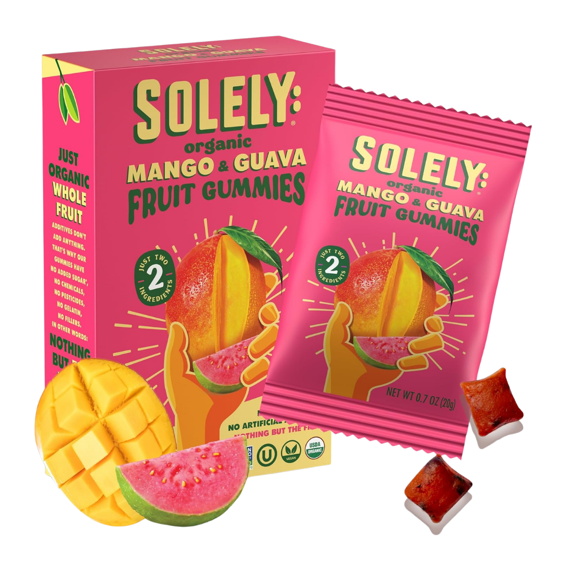 Package of Solely organic mango and guava fruit gummies with slices of mango, guava, and small caramels in front.