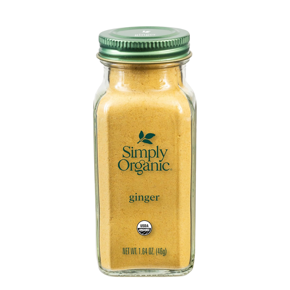 A glass jar of Simply Organic ground ginger with a green screw-on lid and a label indicating the product contains organic ginger, weighing 1.64 ounces.