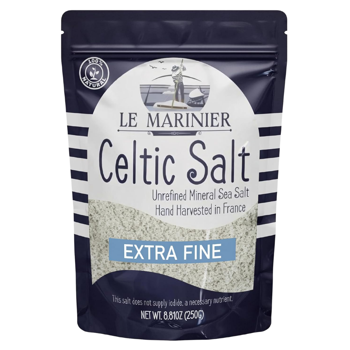 Bag of Le Marinier Celtic Salt Extra Fine, unrefined mineral sea salt, hand harvested in France, 8.81 ounces (250 grams).