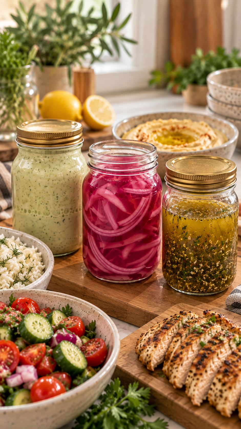 Mediterranean Chicken Bowls with 3 mason jars. One of pickled red onions, one of greek vinaigrette, one of tzatzki sauce.
