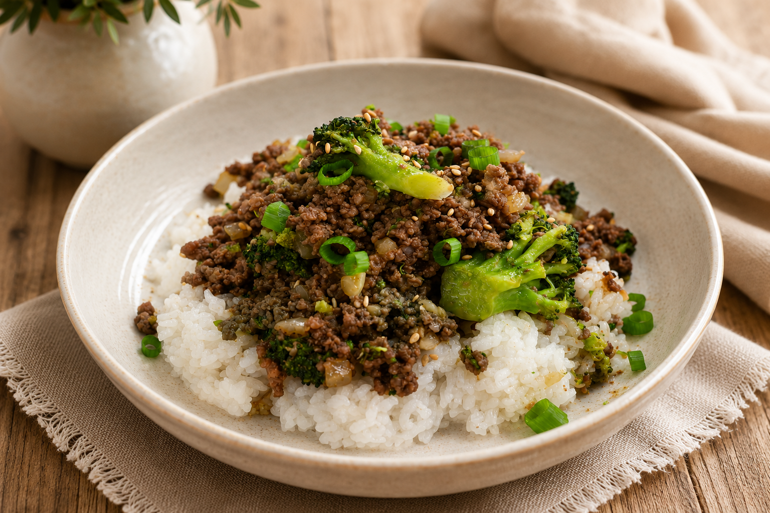 ground beef and crisp broccoli tossed in a quick honey garlic sauce with rice.