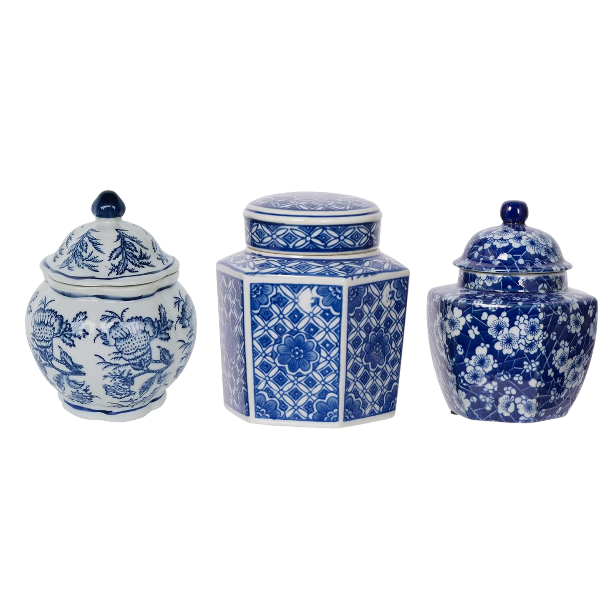 Three blue and white ceramic jars with lids, decorated with floral and geometric patterns.