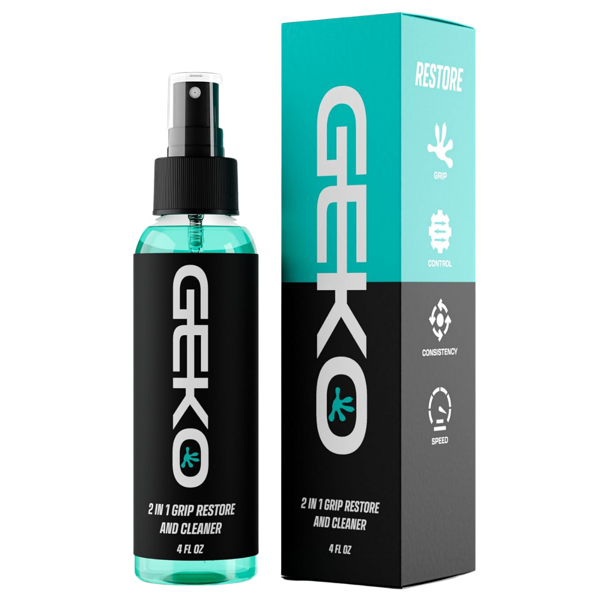 A black spray bottle with a black cap and the label "Grip" placed next to its turquoise and black packaging box. The box displays information such as "Restore," "Grip," "Control," "Consistency," and "Speed." Both items are labeled as "2 in 1 Grip Restore and Cleaner," containing 4 fluid ounces.
