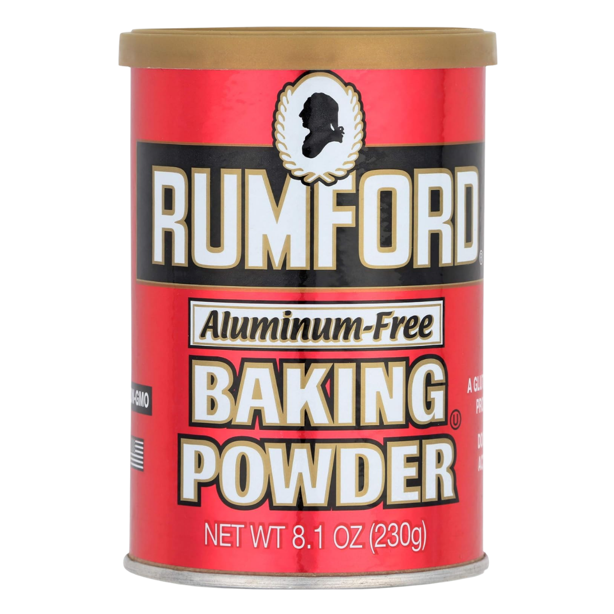 A red can of Rumford aluminum-free baking powder with a gold rim and black, white, and gold label.