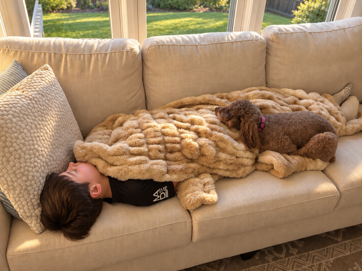 Boy asleep under a cozy blanket on the family room sofa with his dog resting beside him.