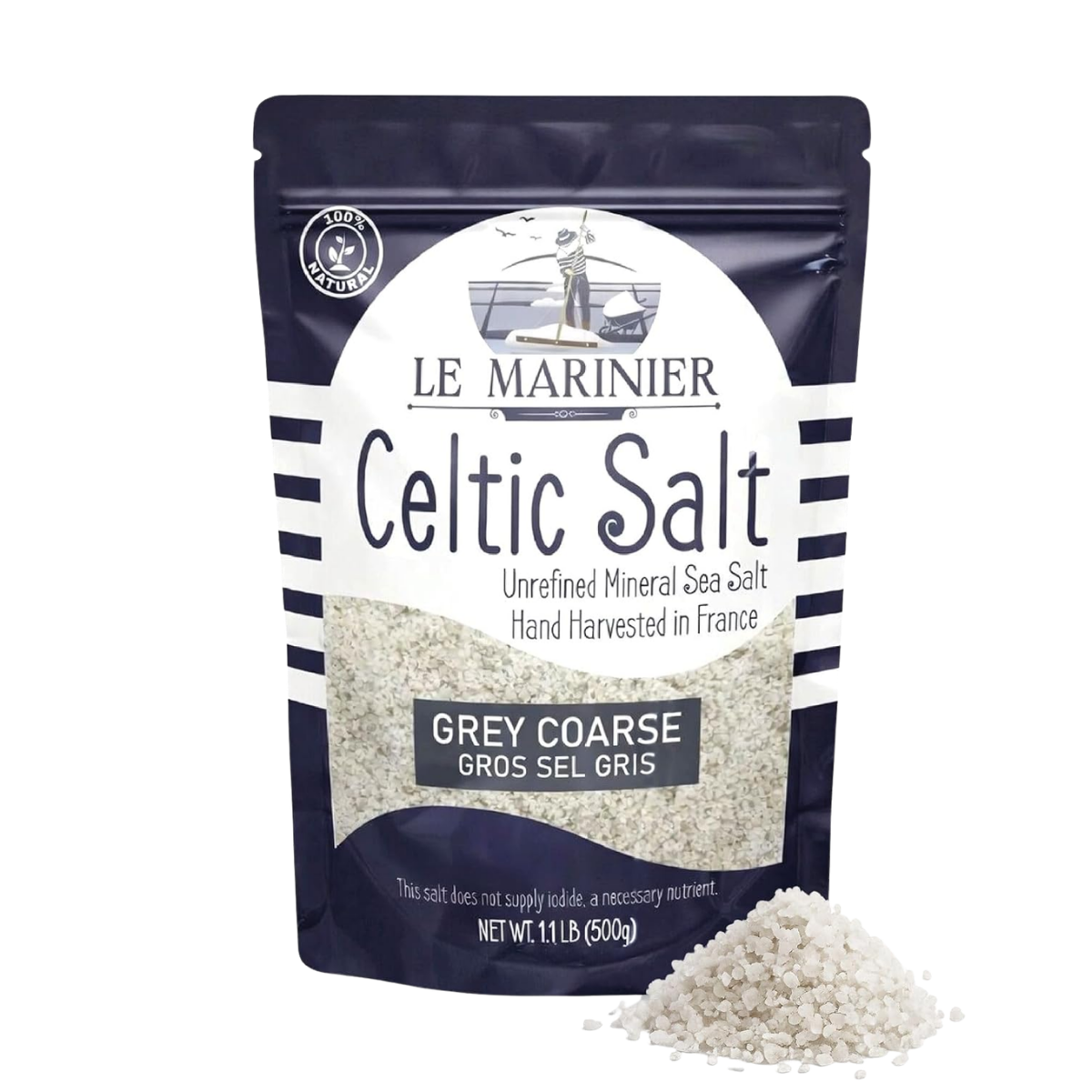 Package of Le Marinier Celtic Salt, gray coarse sea salt, with a small pile of salt beside it