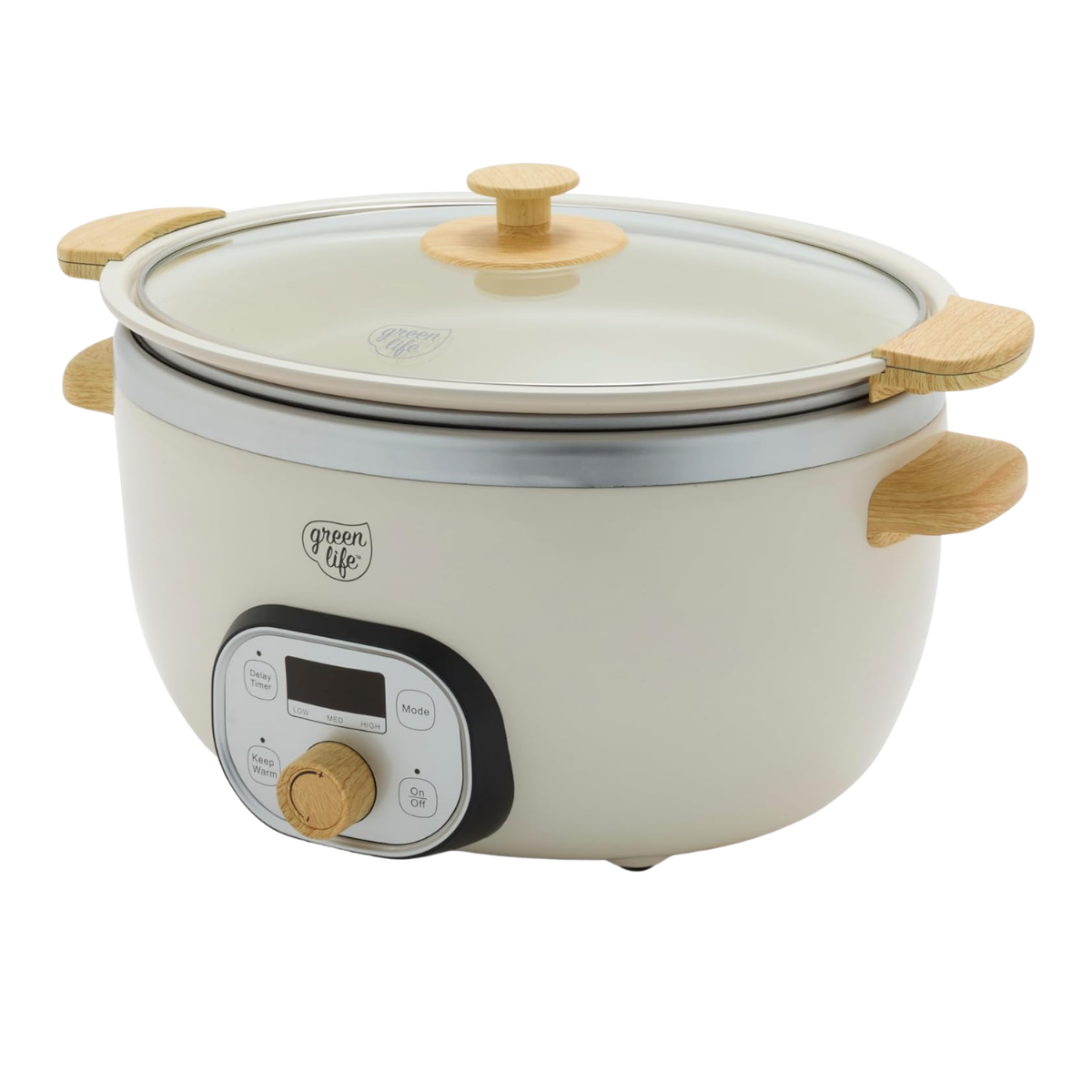 Cream-colored slow cooker with wooden handles and a glass lid, brand name 'green life', digital control panel, and wooden knob.