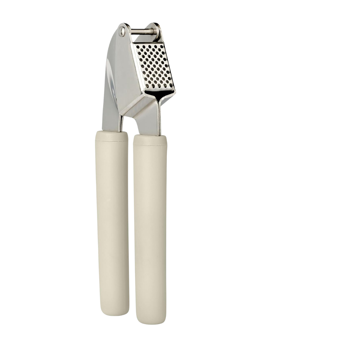 A stainless steel and white-handled vegetable peeler.