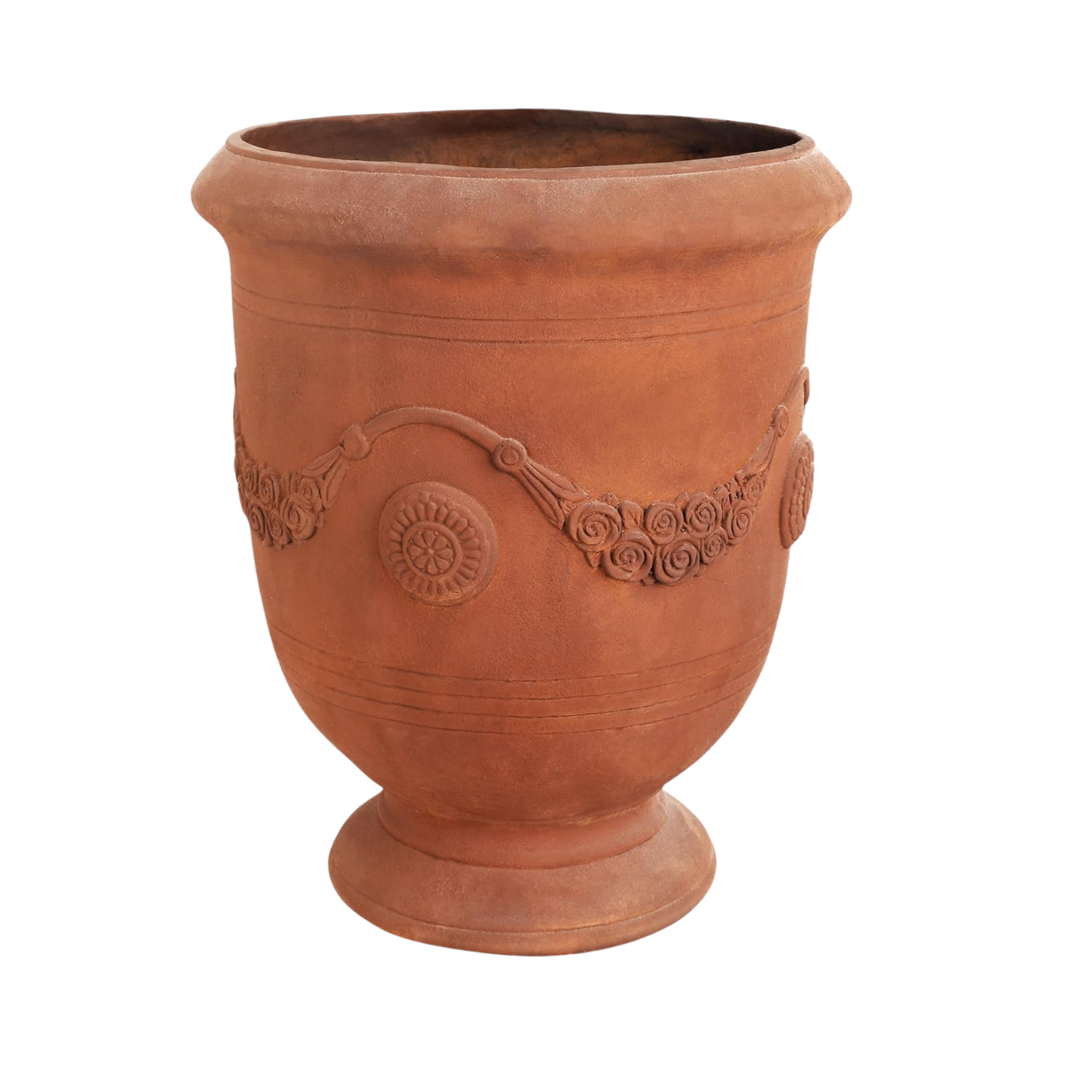 Terracotta flower pot with decorative garland and circular designs.
