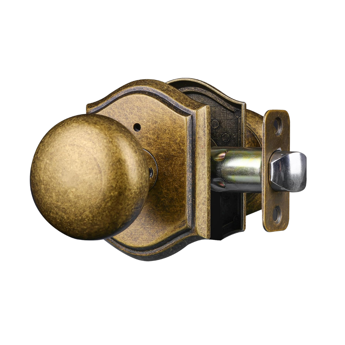 Antique bronze doorknob and latch mechanism on a black background.