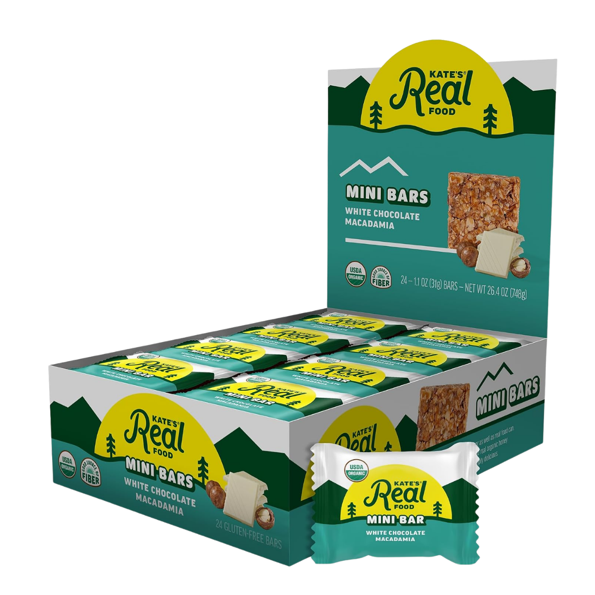 Box of Kate's Real Food Mini Bars, White Chocolate Macadamia flavor, with individual bar in front, featuring green, yellow, and white packaging, and nutritional icons.
